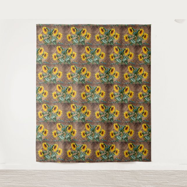 Sunflowers Butterflies Rustic Barn Board Tapestry (Front)