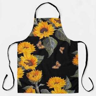 Sunflowers & Butterflies: Watercolor Black Backgro Apron