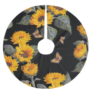 Sunflowers & Butterflies: Watercolor Black Backgro Brushed Polyester Tree Skirt