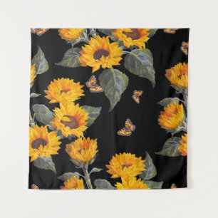 Sunflowers & Butterflies: Watercolor Black Backgro Tapestry