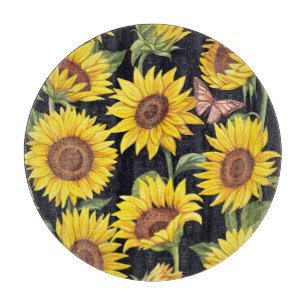 Sunflowers, butterflies, watercolor black backgrou cutting board