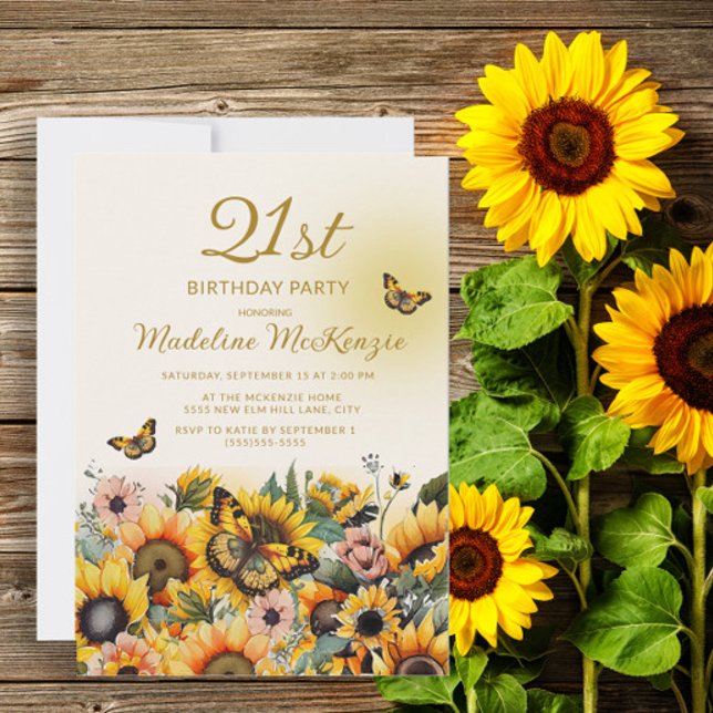 Sunflowers Butterflies Women's 21st Birthday Party Invitation (Creator Uploaded)