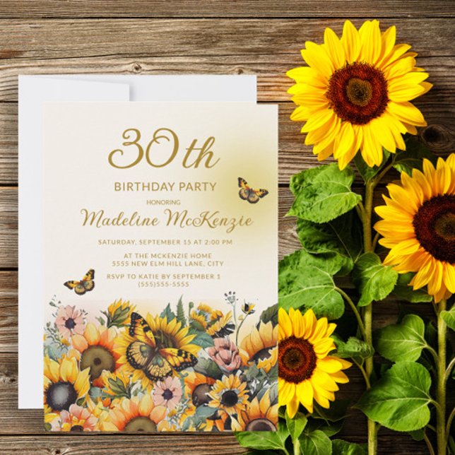 Sunflowers Butterflies Women's 30th Birthday Party Invitation (Creator Uploaded)