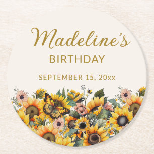 Sunflowers Butterfly Women's Birthday Round Paper Coaster