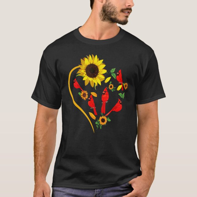 Sunflowers Cardinal Birds Cute Heart Shape Funny B T-Shirt (Front)