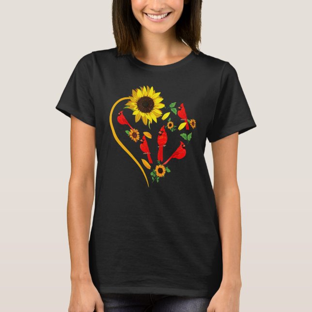 Sunflowers Cardinal Birds Cute Heart Shape Funny B T-Shirt (Front)