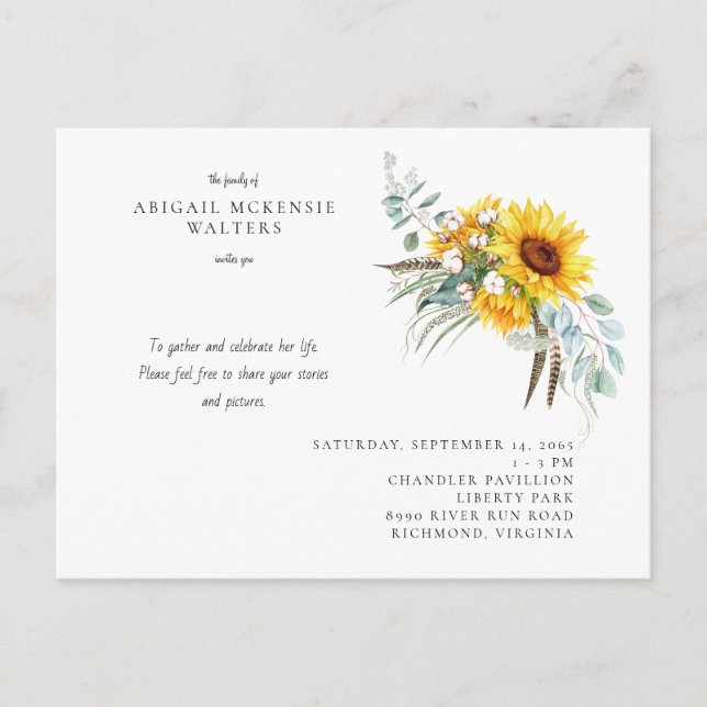 Sunflowers Celebration of Life  Invitation Postcard (Front)