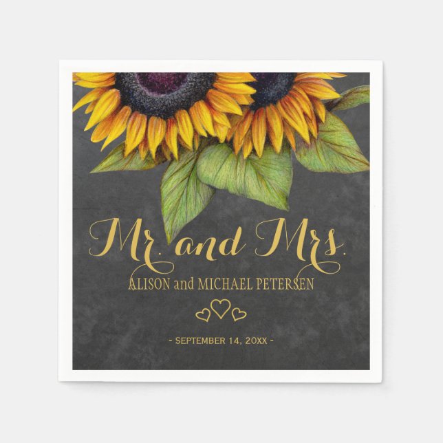 Sunflowers chalkboard mr and mrs script wedding napkin (Front)