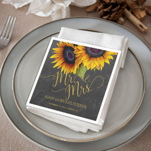 Sunflowers chalkboard mr and mrs script wedding napkin