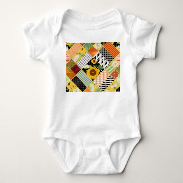 Sunflowers Chamomile, Patchwork Watercolor. Baby Bodysuit (Front)