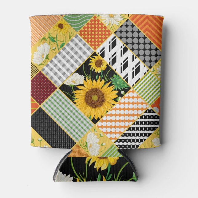 Sunflowers Chamomile, Patchwork Watercolor. Can Cooler (Front)