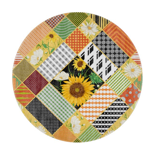 Sunflowers Chamomile, Patchwork Watercolor. Cutting Board (Front)