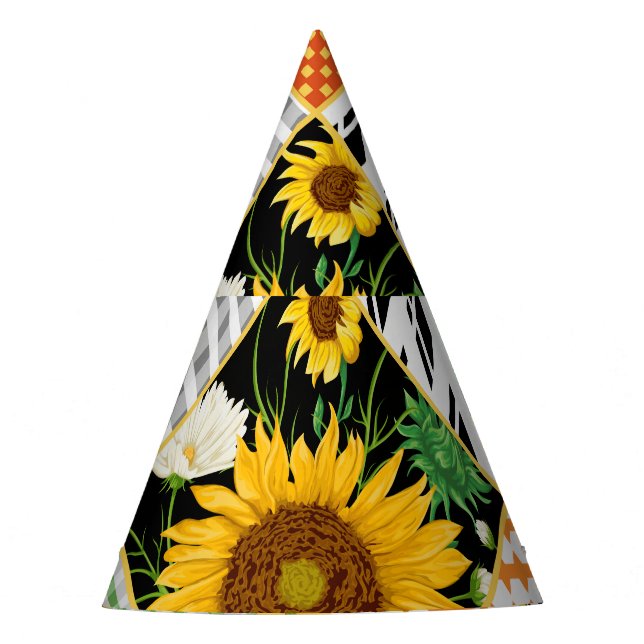 Sunflowers Chamomile, Patchwork Watercolor. Party Hat (Front)