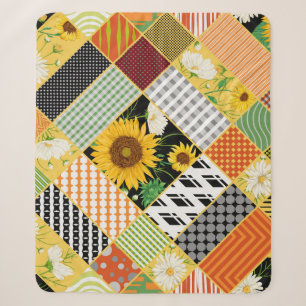 Sunflowers Chamomile, Patchwork Watercolor. Sherpa Blanket
