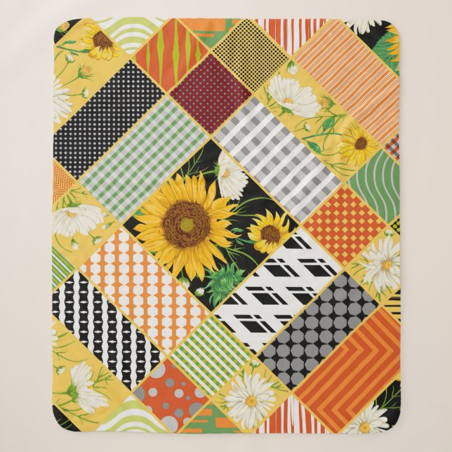 Sunflowers Chamomile, Patchwork Watercolor. Sherpa Blanket (Front)