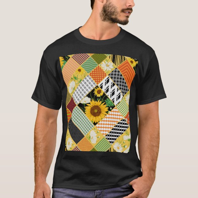 Sunflowers Chamomile, Patchwork Watercolor. T-Shirt (Front)