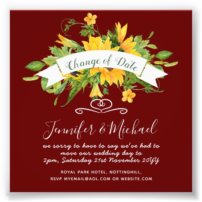 Sunflowers Change of Date Postponement Plans Note Photo Print (Front)