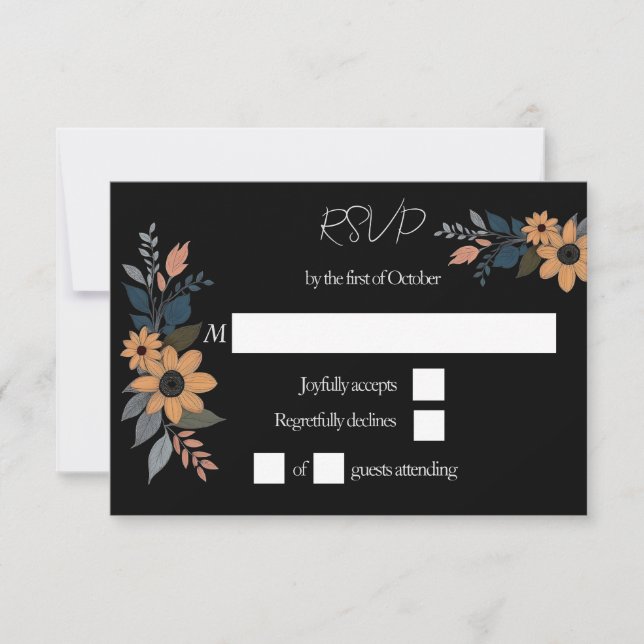 Sunflowers contrast black wedding RSVP card (Front)