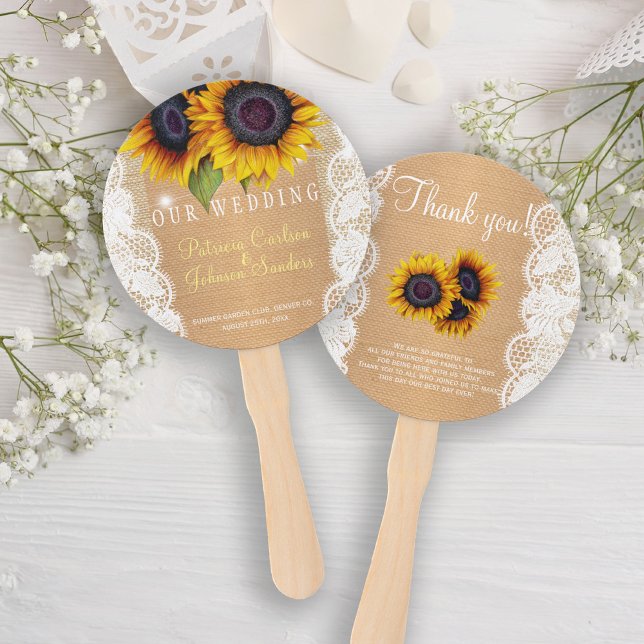 Sunflowers country burlap lace wedding favour hand fan (Creator Uploaded)