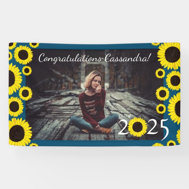 Sunflowers Country Graduation Party Blue Banner (Horizontal)