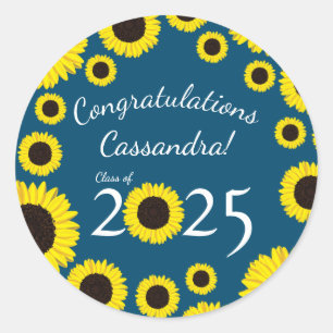 Sunflowers Country Graduation Party Blue Classic Round Sticker