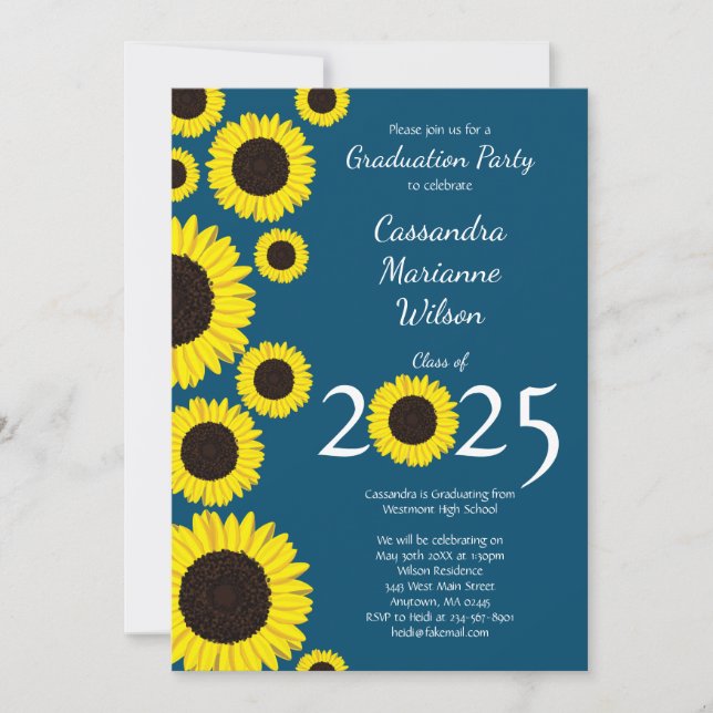 Sunflowers Country Graduation Party Blue Invitation (Front)