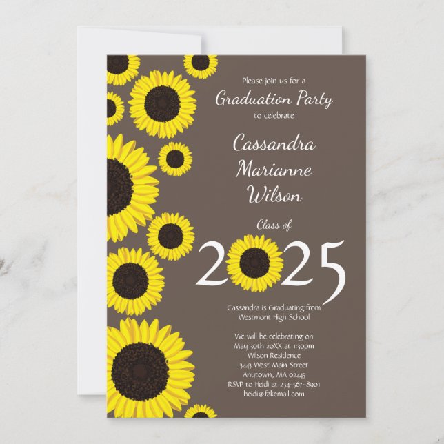 Sunflowers Country Graduation Party Brown Grey Invitation (Front)