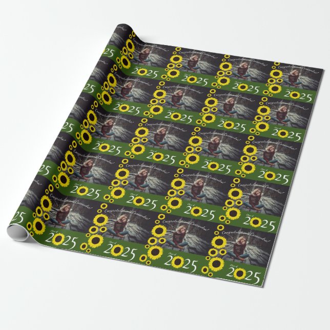 Sunflowers Country Graduation Party Green Wrapping Paper (Unrolled)