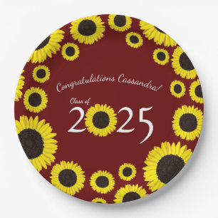 Sunflowers Country Graduation Party Maroon Paper Plate