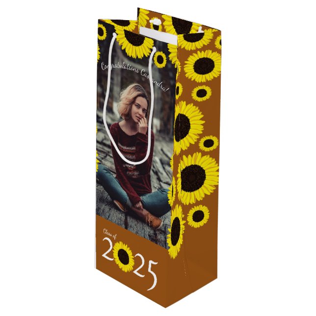 Sunflowers Country Graduation Party Wine Gift Bag (Front Angled)