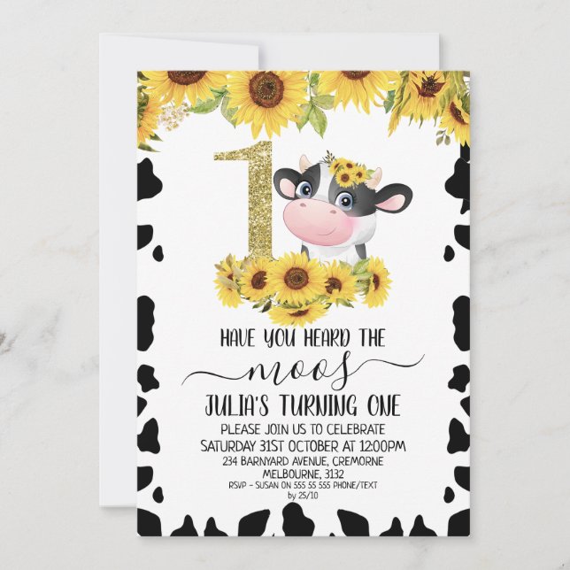 Sunflowers Cow Print Gold Glitter One 1st Birthday Invitation (Front)