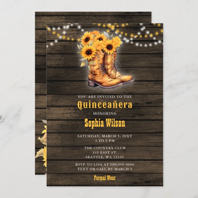 Sunflowers Cowboy Boots Barn Wood Quinceañera Invitation (Front/Back)