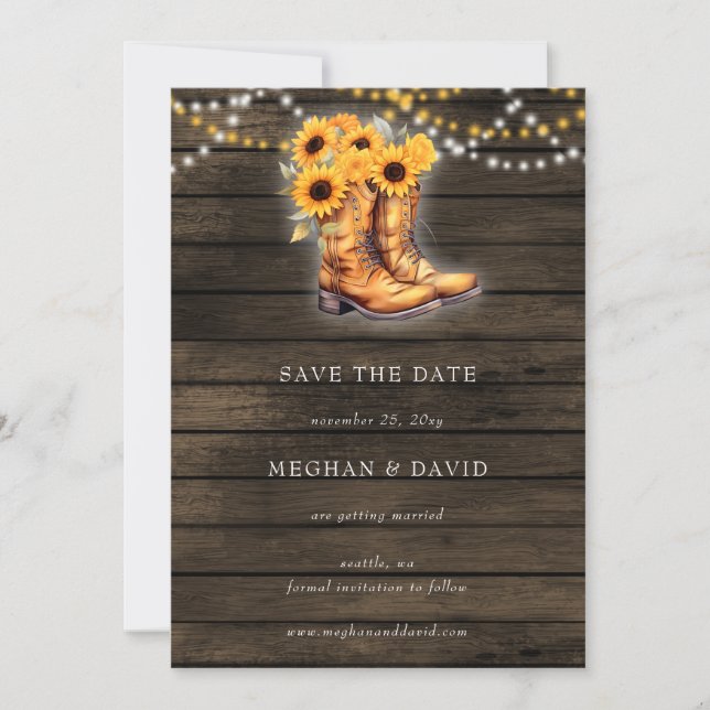 Sunflowers Cowboy Boots Barn Wood Save The Date Announcement (Front)