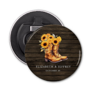 Sunflowers Cowboy Boots Barn Wood Western Wedding Bottle Opener