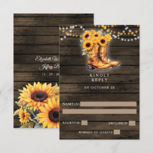 Sunflowers Cowboy Boots Barn Wood Western Wedding  RSVP Card