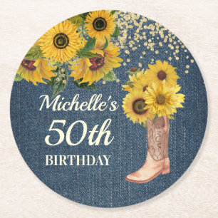 Sunflowers Cowboy Boots Blue Denim 50th Birthday Round Paper Coaster