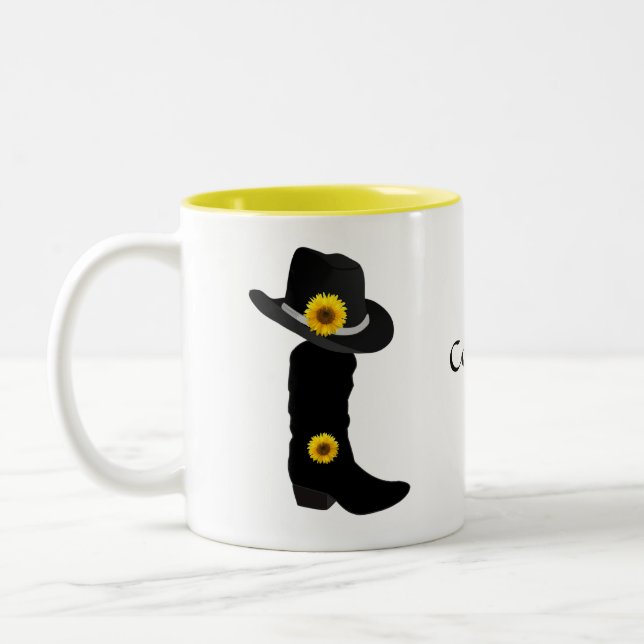 Sunflowers, Cowgirl Black Hat & Boot Two-Tone Coff Coffee Mug (Left)