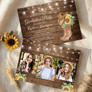 Sunflowers Cowgirl Boots 3 Photos Graduation Party Invitation