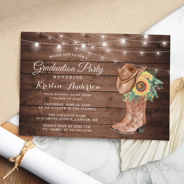 Sunflowers Cowgirl Boots Graduation Party Invitation (Creator Uploaded)