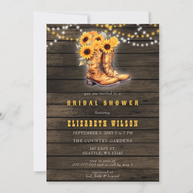 Sunflowers Cowgirl Boots Western Bridal Shower Invitation (Front)