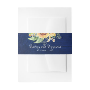 Sunflowers Daisies Baby's Breath Navy Blue Rustic Invitation Belly Band