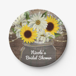 Sunflowers & Daisies Mason Jar Sparkle Rustic Chic Paper Plate