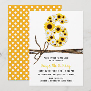Sunflowers & Daisies SIX 6 6TH Birthday Party Invitation