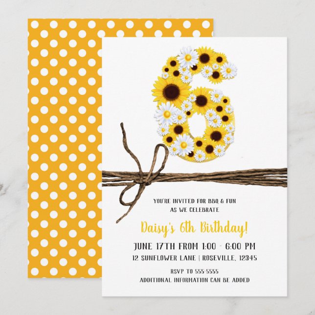 Sunflowers & Daisies SIX 6 6TH Birthday Party Invitation (Front/Back)