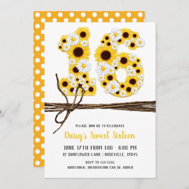Sunflowers & Daisies SIXTEEN 16 Birthday Party Invitation (Front/Back)