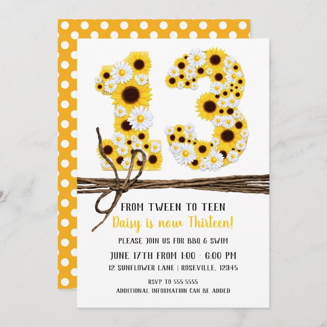 Sunflowers & Daisies THIRTEEN 13 13TH Birthday Invitation (Front/Back)