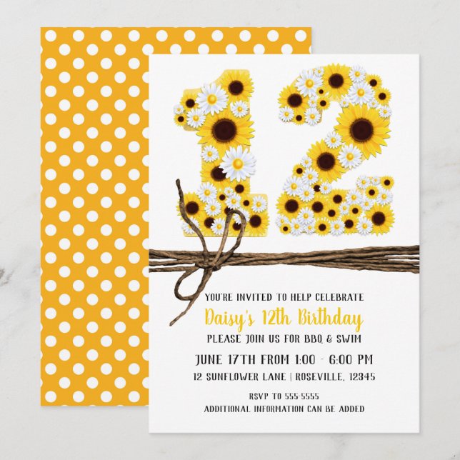 Sunflowers & Daisies TWELVE 12 12TH Birthday Party Invitation (Front/Back)