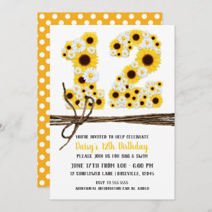 Sunflowers & Daisies TWELVE 12 12TH Birthday Party Invitation
