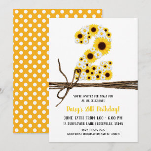 Sunflowers & Daisies TWO 2 2ND Birthday Party Invitation