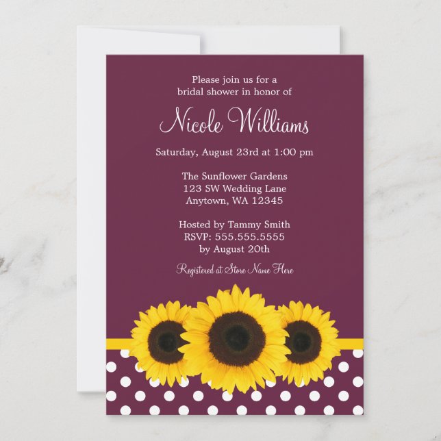 Sunflowers Deep Mulberry Polka Dot Bridal Shower Invitation (Front)